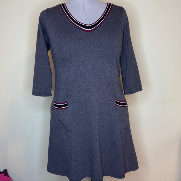 Preppy Gray V-Neck Sweater Dress with Striped Trim - Picture 1 of 4